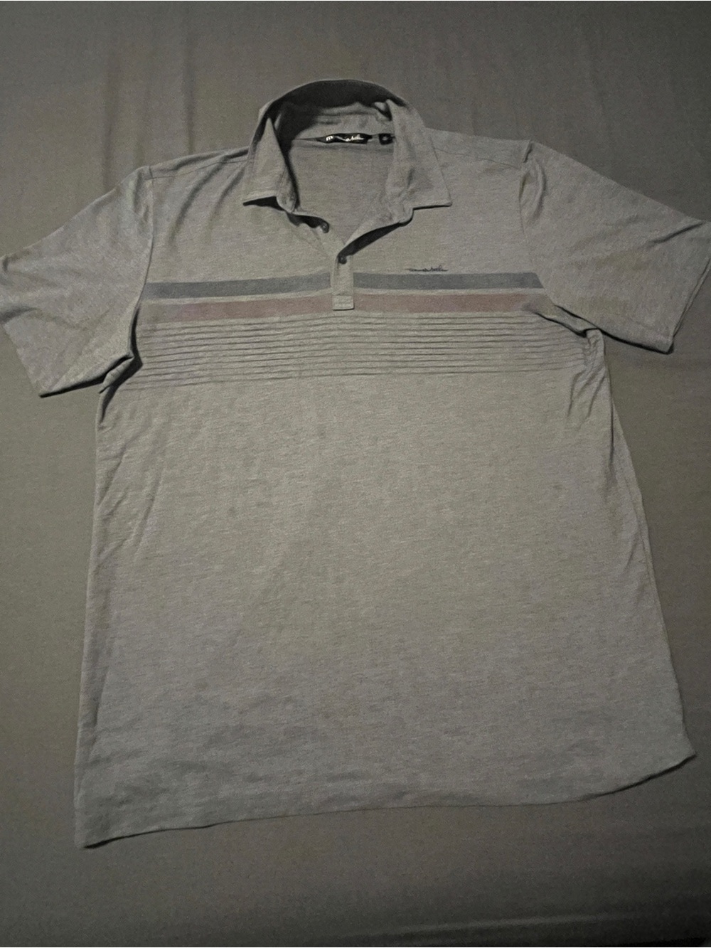 Travis Mathew Light Gray Polo with Navy and Maroon Stripes
